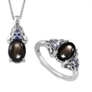 NWT BANKACHA NATURAL BLACK STAR SAPPHIRE & TANZANITE NECKLACE & RING SET SZ 8.0